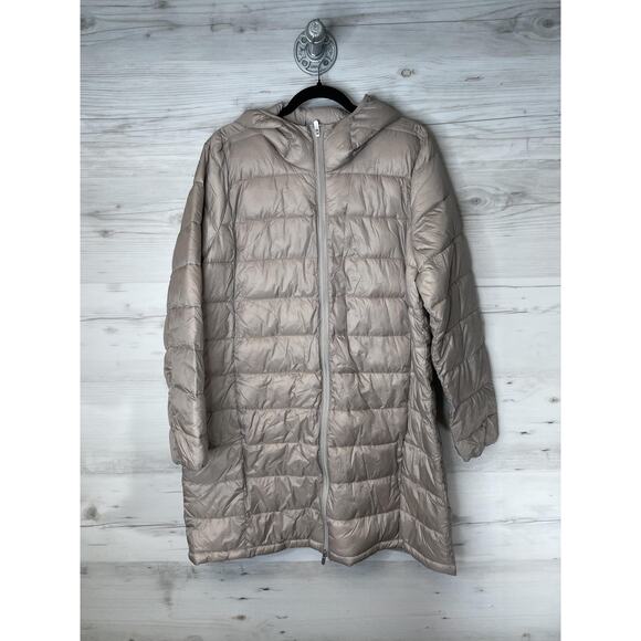Athleta Jackets & Blazers - Athleta Aire Puffer Parka Coat Womens XL Tall Beige Hooded Water Repellent